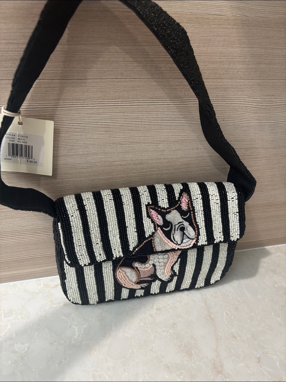 NWT SOL and Mer Beaded black and white pug dog Shoulder Bag